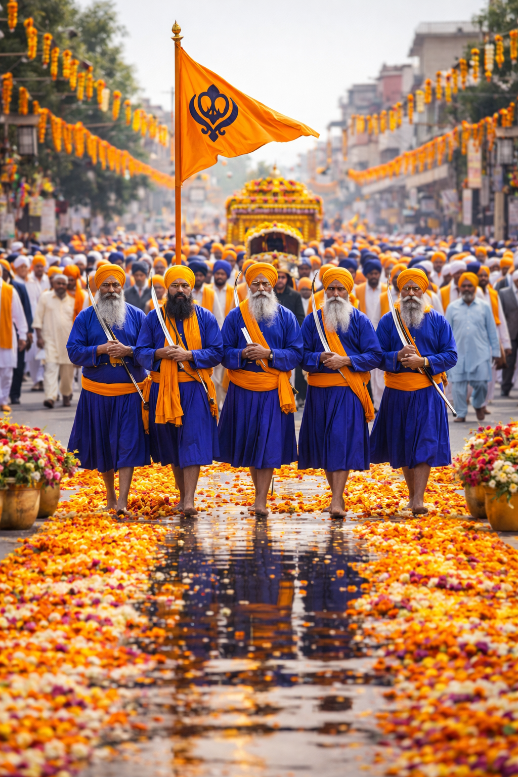 Sikh Nagar Kirtan procession with Nishan Sahib flag, Panj Pyare in blue, flower decorations — HD Baisakhi wallpaper